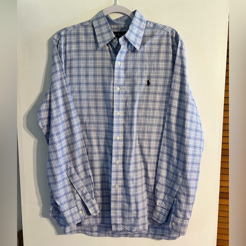 Ralph Lauren Men's Blue Purple Plaid Cotton Button Up Dress Shirt M 100% Cotton